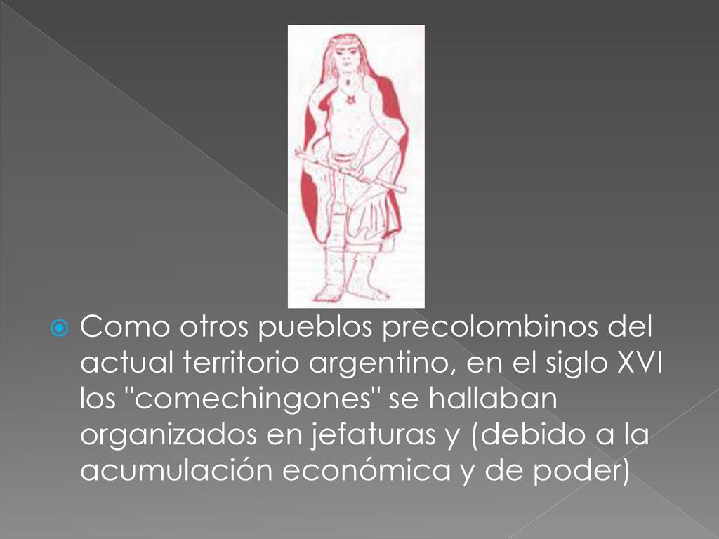 Como otros pueblos precolombinos del actual territorio argentino, en el siglo XVI los comechingones se hallaban organizados en jefaturas y (debido a la acumulación económica y de poder)
