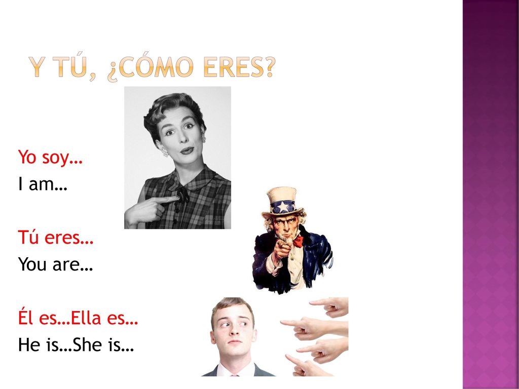 Y tú, ¿cómo eres Yo soy… I am… Tú eres… You are… Él es…Ella es… He is…She is…