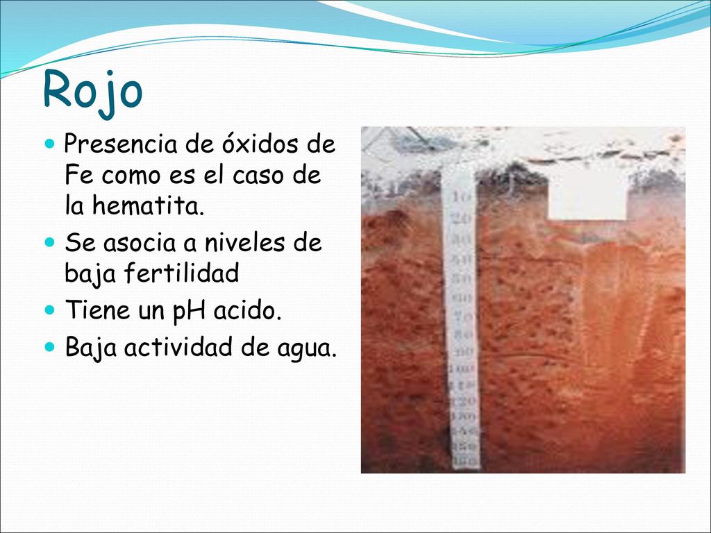 Rojo Presencia de óxidos de Fe como es el caso de la hematita.