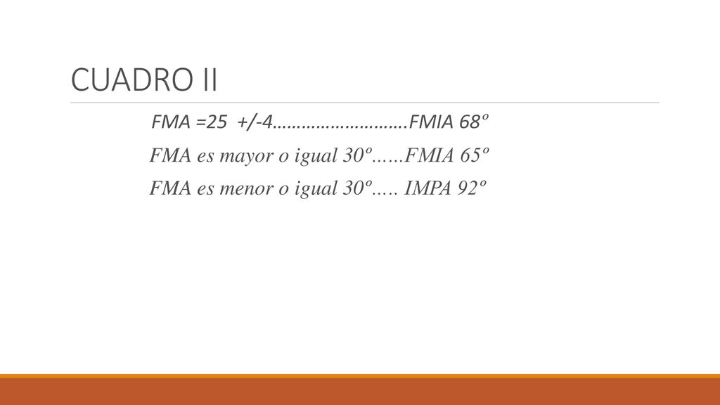 CUADRO II FMA es mayor o igual 30º…...FMIA 65º