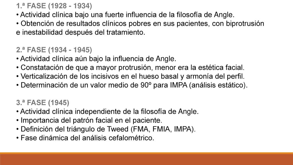 1.ª FASE ( ) • Actividad clínica bajo una fuerte influencia de la filosofía de Angle.