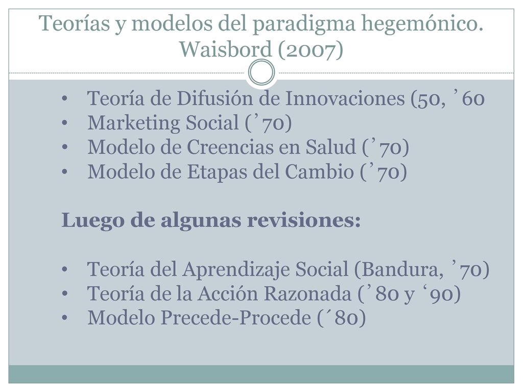Teorías y modelos del paradigma hegemónico. Waisbord (2007)