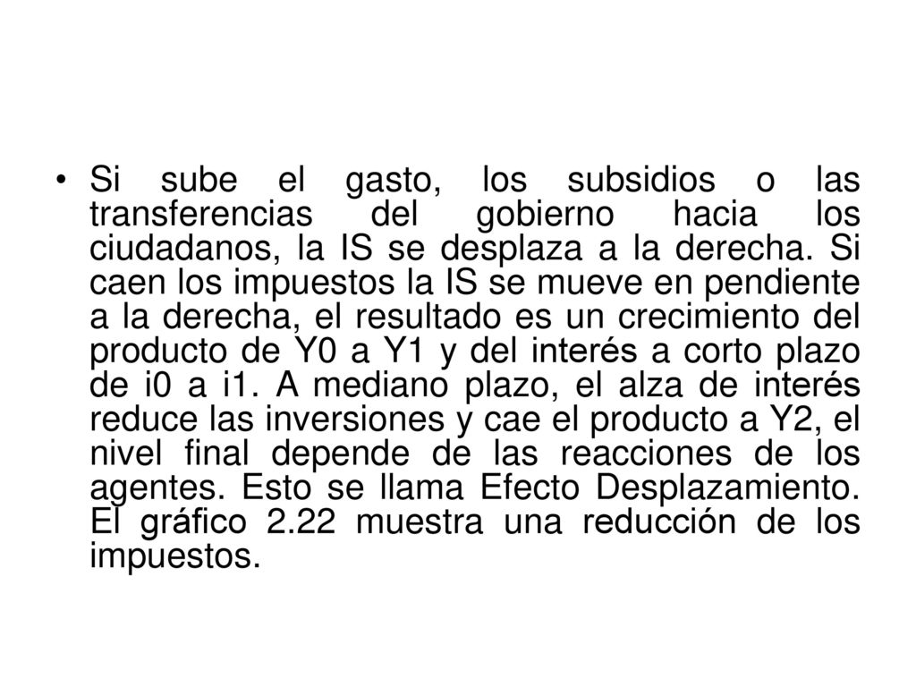 Si sube el gasto, los subsidios o las transferencias del gobierno hacia los ciudadanos, la IS se desplaza a la derecha.