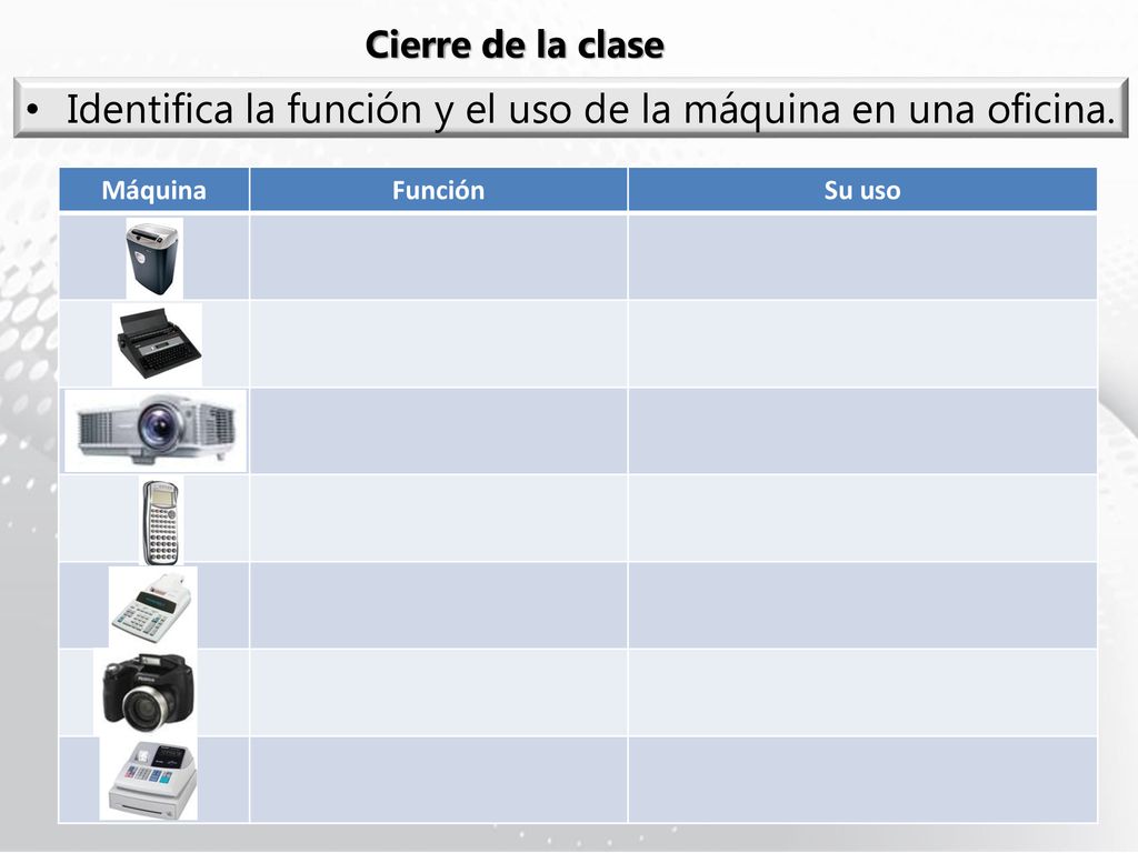 Identifica la función y el uso de la máquina en una oficina.