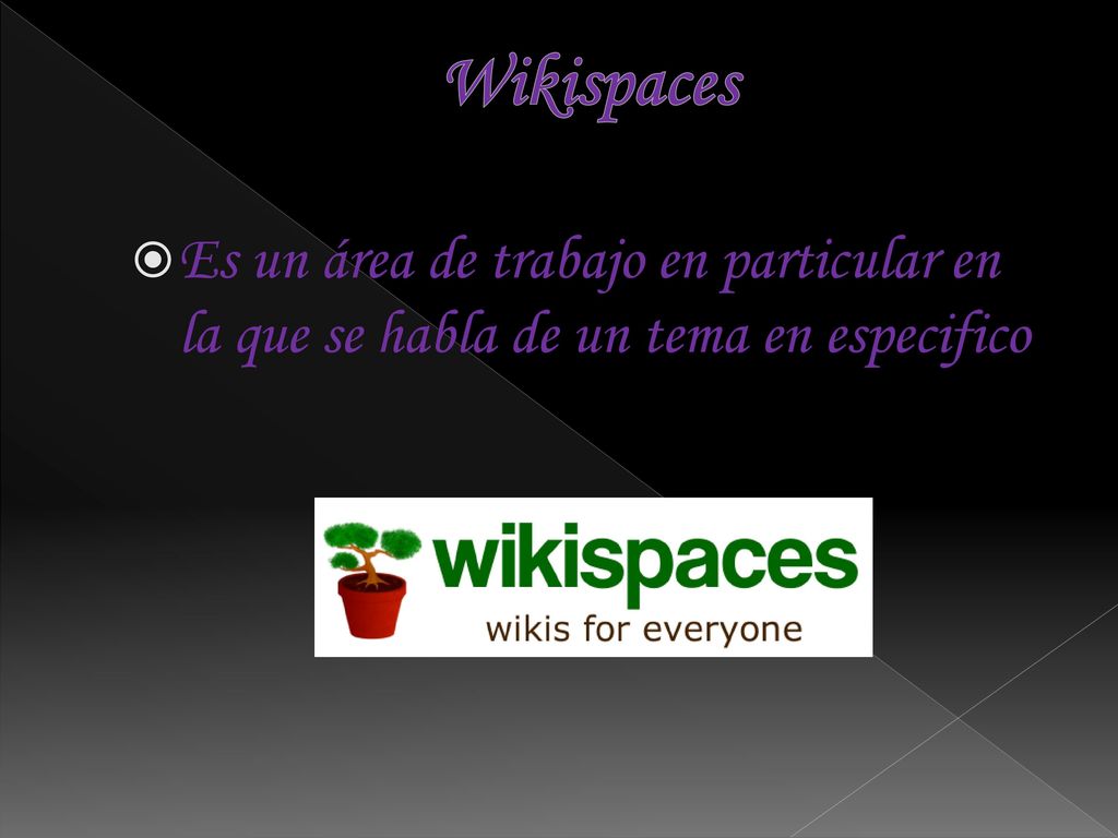Wikispaces Es un área de trabajo en particular en la que se habla de un tema en especifico