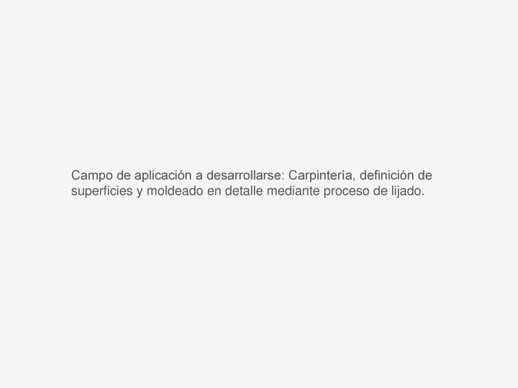 Campo de aplicación a desarrollarse: Carpintería, definición de superficies y moldeado en detalle mediante proceso de lijado.