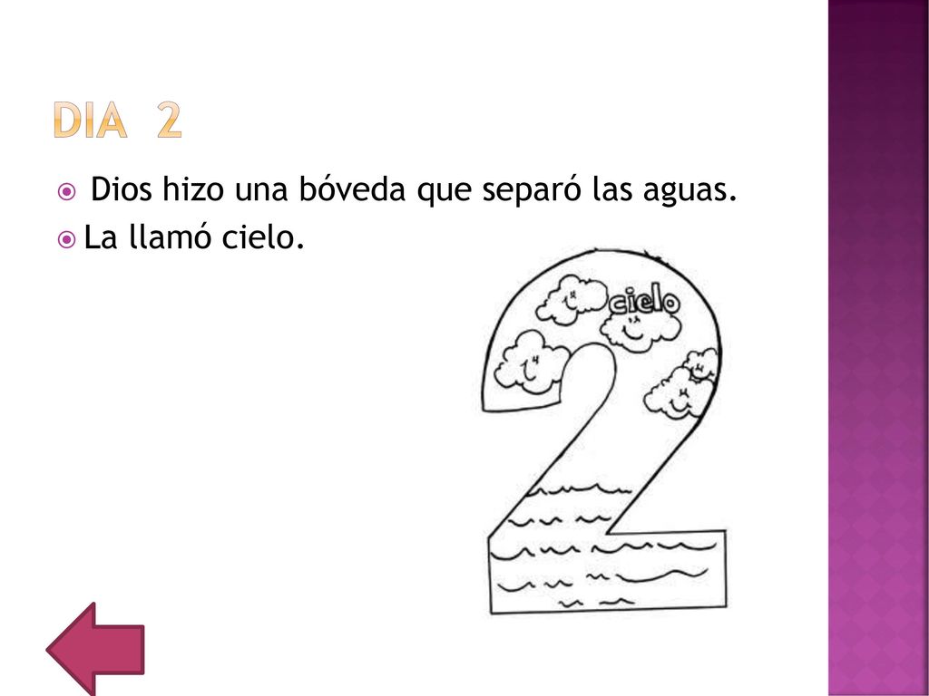 Dia 2 Dios hizo una bóveda que separó las aguas. La llamó cielo.