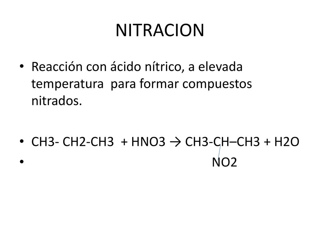 NITRACION Reacción con ácido nítrico, a elevada temperatura para formar compuestos nitrados. CH3- CH2-CH3 + HNO3 → CH3-CH–CH3 + H2O.