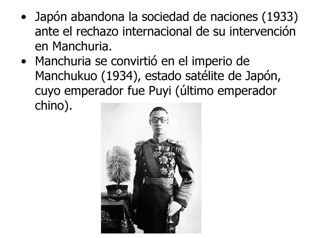 Japón abandona la sociedad de naciones (1933) ante el rechazo internacional de su intervención en Manchuria.