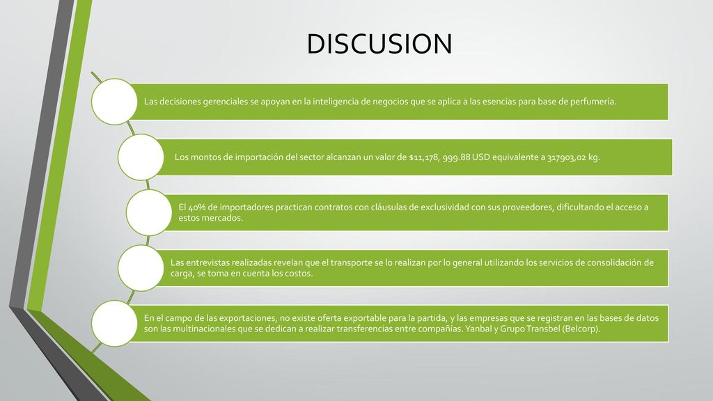 DISCUSION Las decisiones gerenciales se apoyan en la inteligencia de negocios que se aplica a las esencias para base de perfumería.
