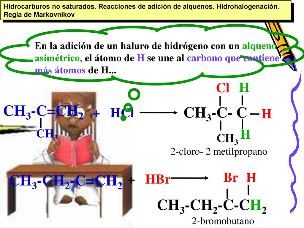 CH3-C=CH2 CH3-C- C CH3-CH2-C=CH2 CH3-CH2-C-CH2 Cl + HCl H Br H + HBr
