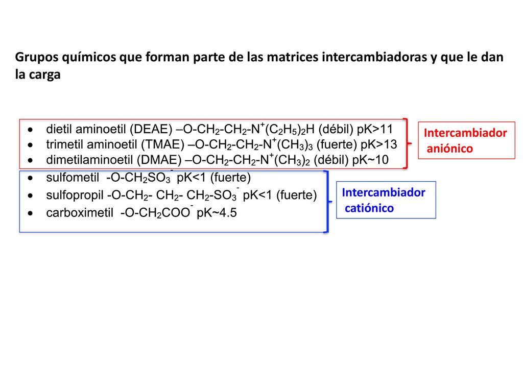 Grupos químicos que forman parte de las matrices intercambiadoras y que le dan la carga