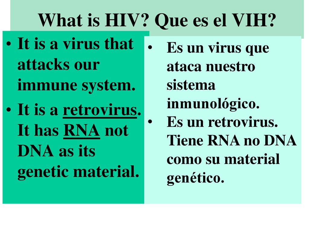 What is HIV Que es el VIH It is a virus that attacks our immune system. It is a retrovirus. It has RNA not DNA as its genetic material.