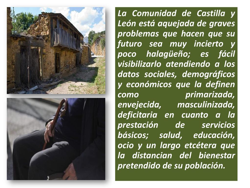 La Comunidad de Castilla y León está aquejada de graves problemas que hacen que su futuro sea muy incierto y poco halagüeño; es fácil visibilizarlo atendiendo a los datos sociales, demográficos y económicos que la definen como primarizada, envejecida, masculinizada, deficitaria en cuanto a la prestación de servicios básicos; salud, educación, ocio y un largo etcétera que la distancian del bienestar pretendido de su población.
