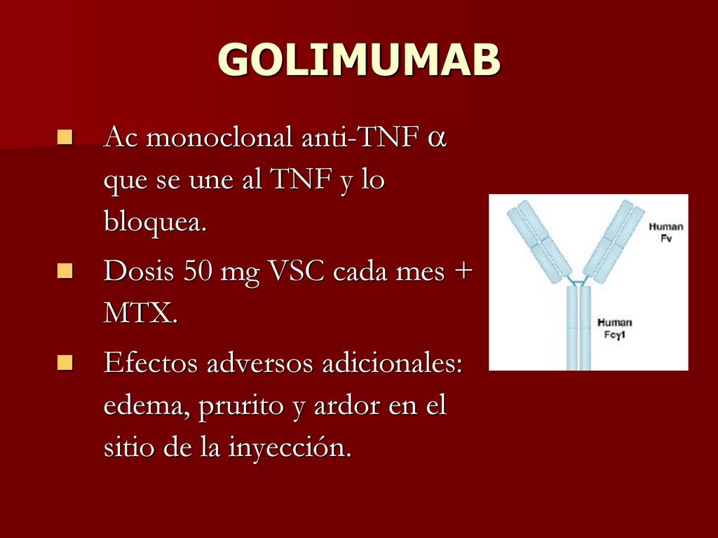 GOLIMUMAB Ac monoclonal anti-TNF  que se une al TNF y lo bloquea.