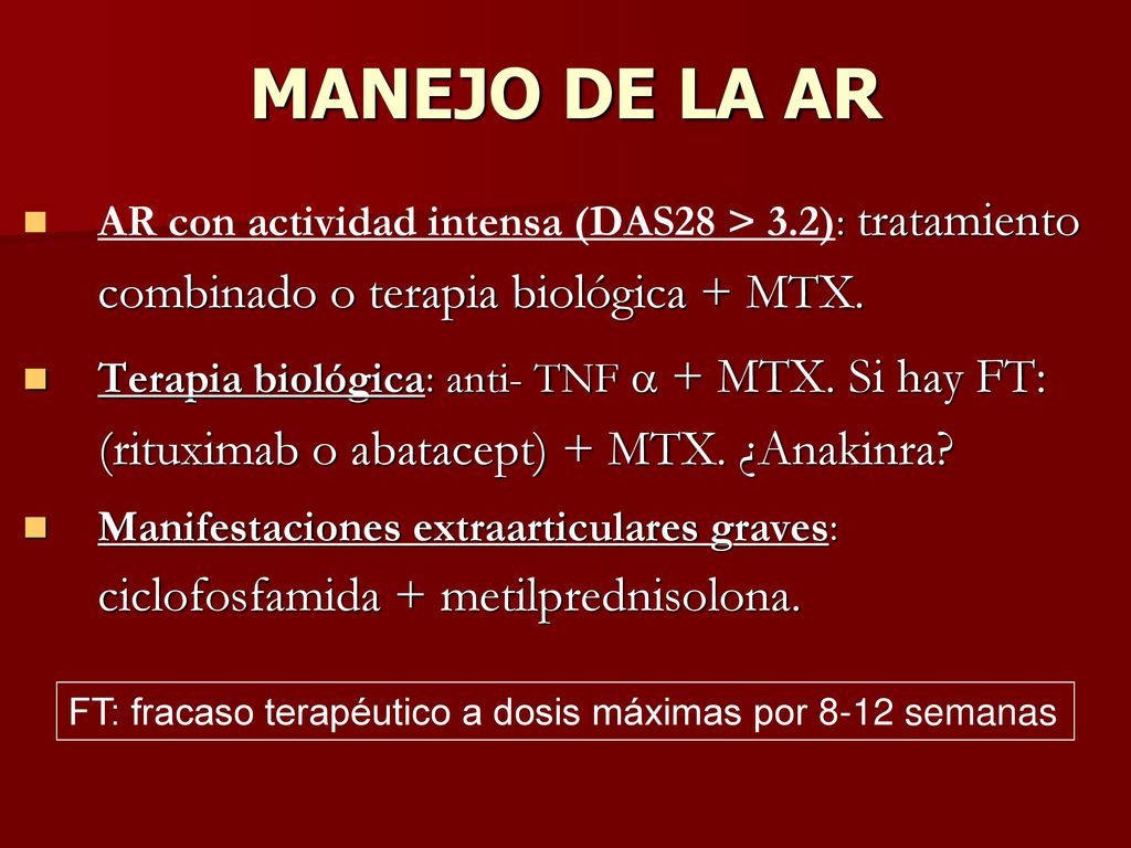 MANEJO DE LA AR AR con actividad intensa (DAS28 > 3.2): tratamiento combinado o terapia biológica + MTX.
