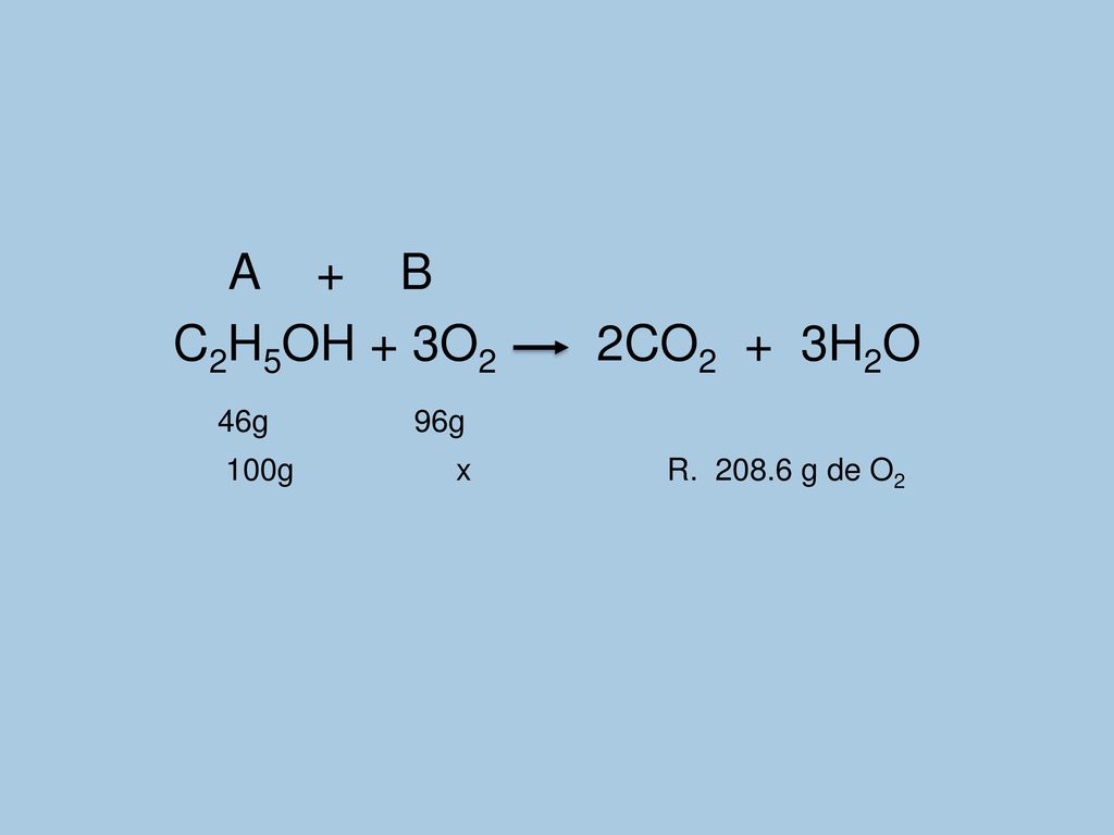 A + B C2H5OH + 3O2 2CO2 + 3H2O. 46g 96g.