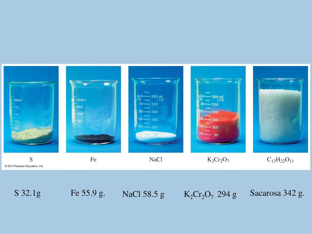 S 32.1g Fe 55.9 g. NaCl 58.5 g K2Cr2O7 294 g Sacarosa 342 g.