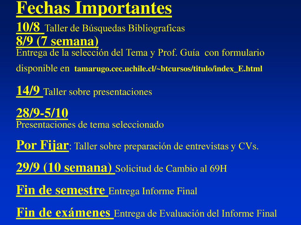 Fechas Importantes 10/8 Taller de Búsquedas Bibliograficas 8/9 (7 semana) Entrega de la selección del Tema y Prof.