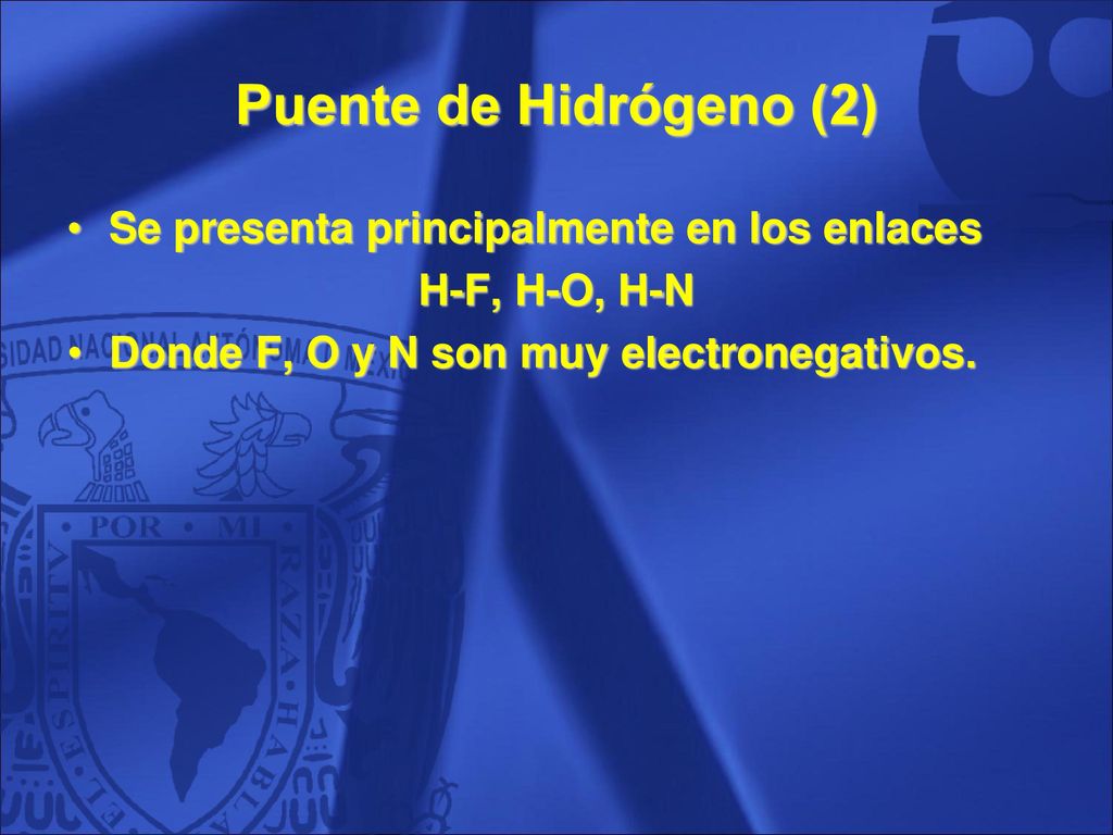 Puente de Hidrógeno (2) Se presenta principalmente en los enlaces