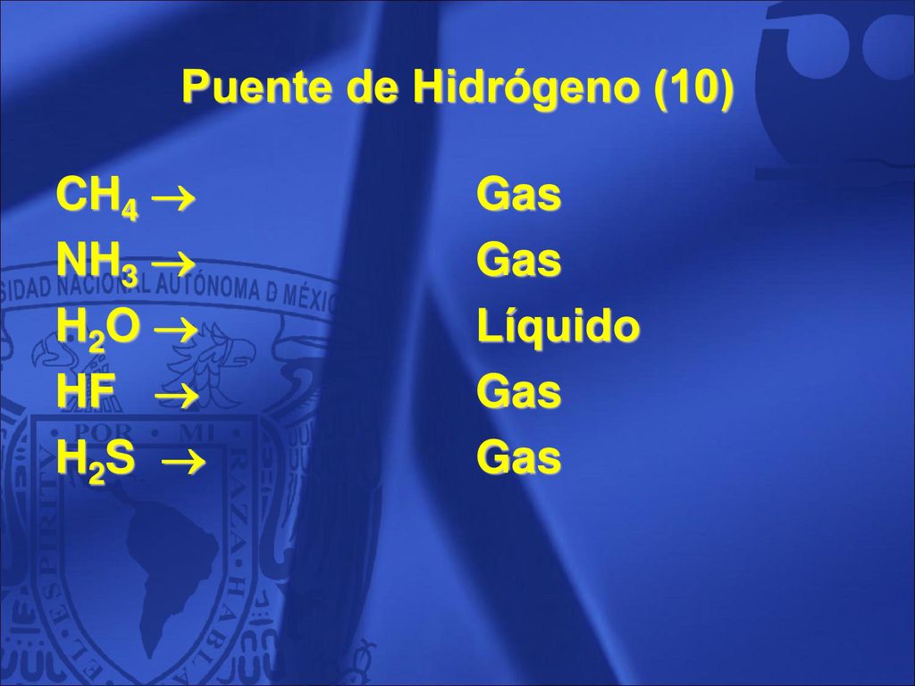 Puente de Hidrógeno (10) CH4  NH3  H2O  HF  H2S  Gas Líquido 38
