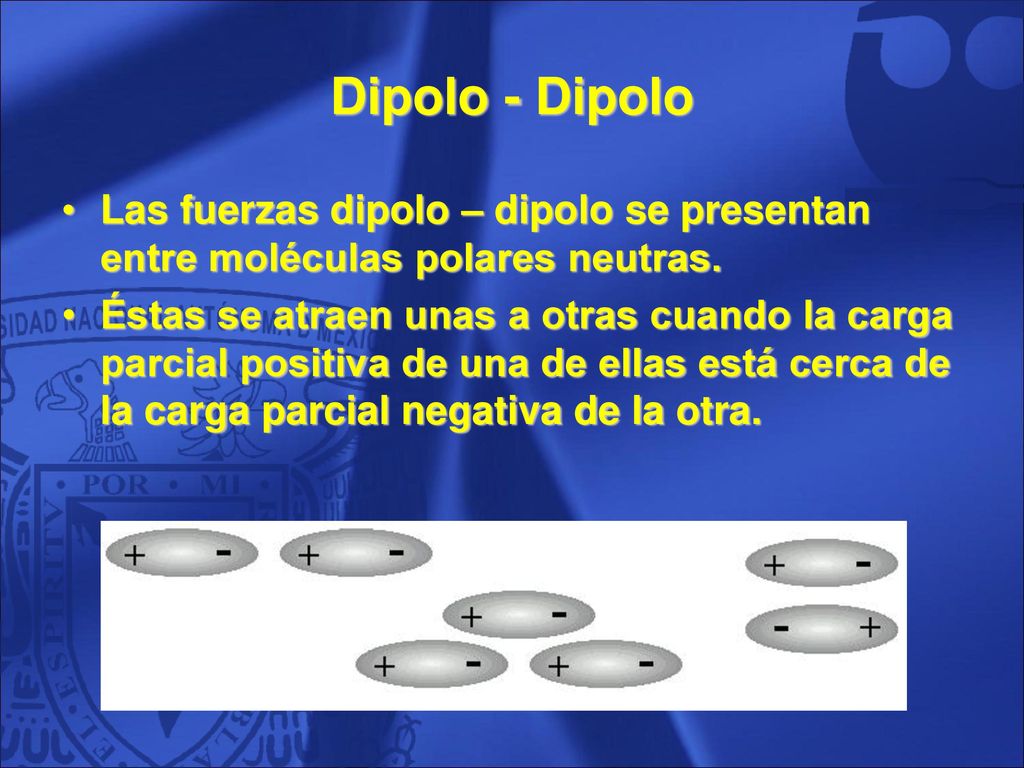 Dipolo - Dipolo Las fuerzas dipolo – dipolo se presentan entre moléculas polares neutras.