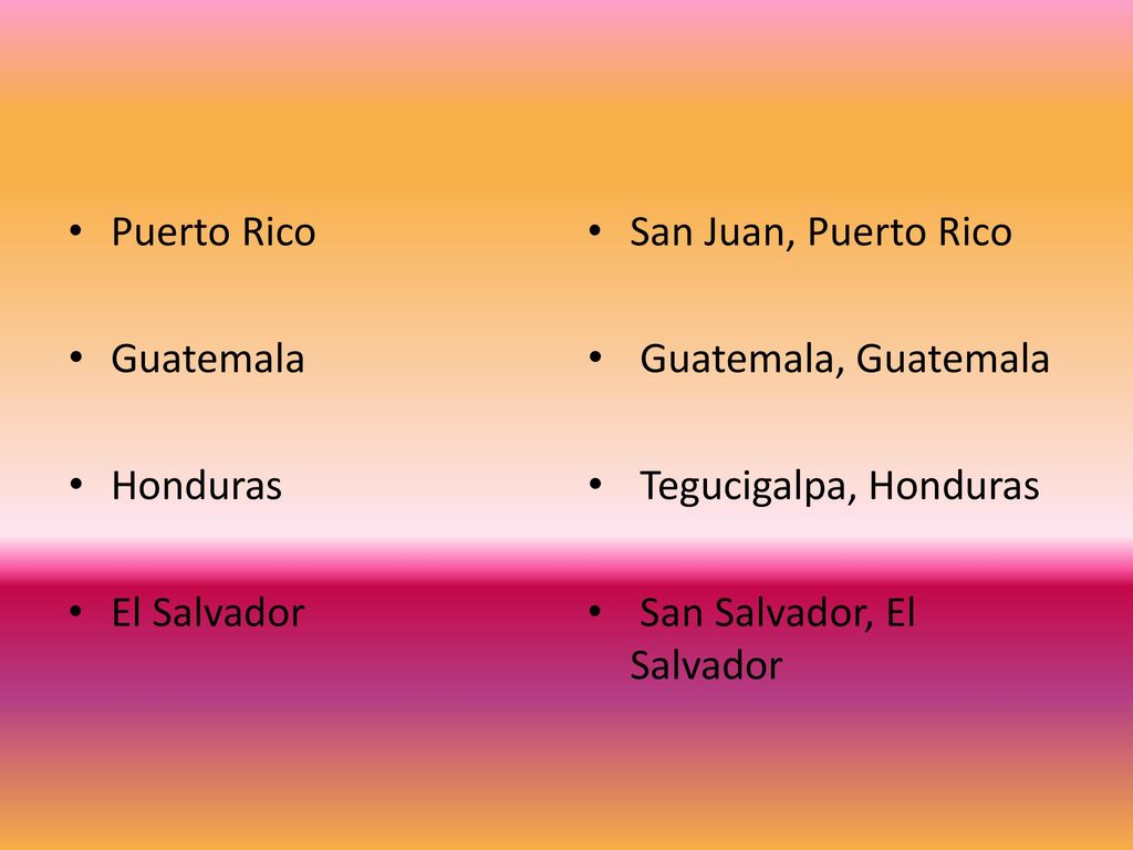 Puerto Rico Guatemala. Honduras. El Salvador. San Juan, Puerto Rico. Guatemala, Guatemala. Tegucigalpa, Honduras.