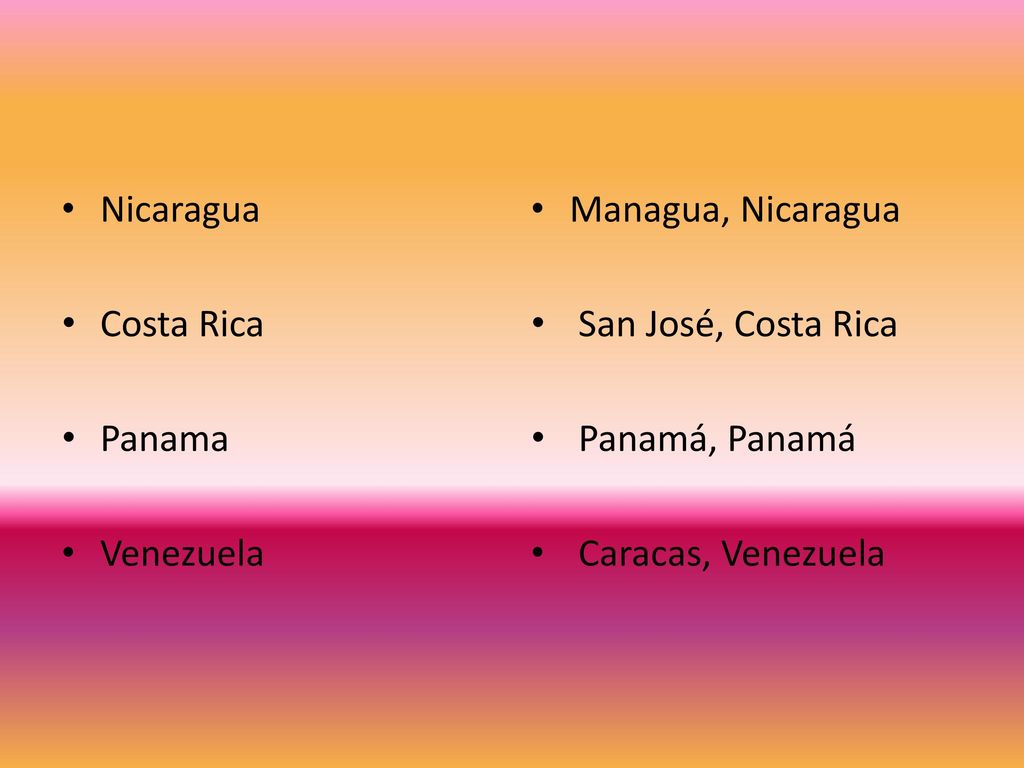 Nicaragua Costa Rica. Panama. Venezuela. Managua, Nicaragua. San José, Costa Rica. Panamá, Panamá.