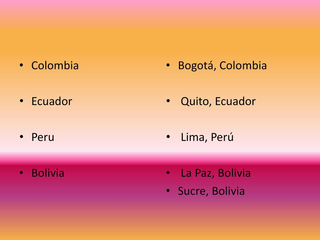 Colombia Ecuador. Peru. Bolivia. Bogotá, Colombia. Quito, Ecuador. Lima, Perú. La Paz, Bolivia.