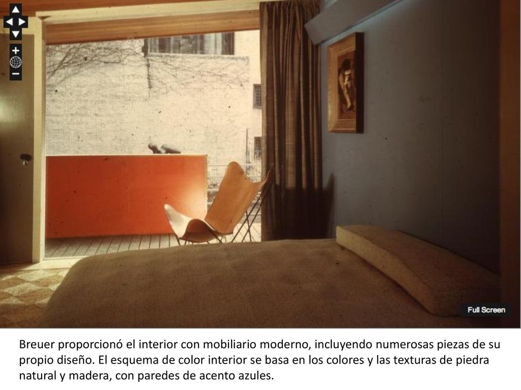 Breuer proporcionó el interior con mobiliario moderno, incluyendo numerosas piezas de su propio diseño.