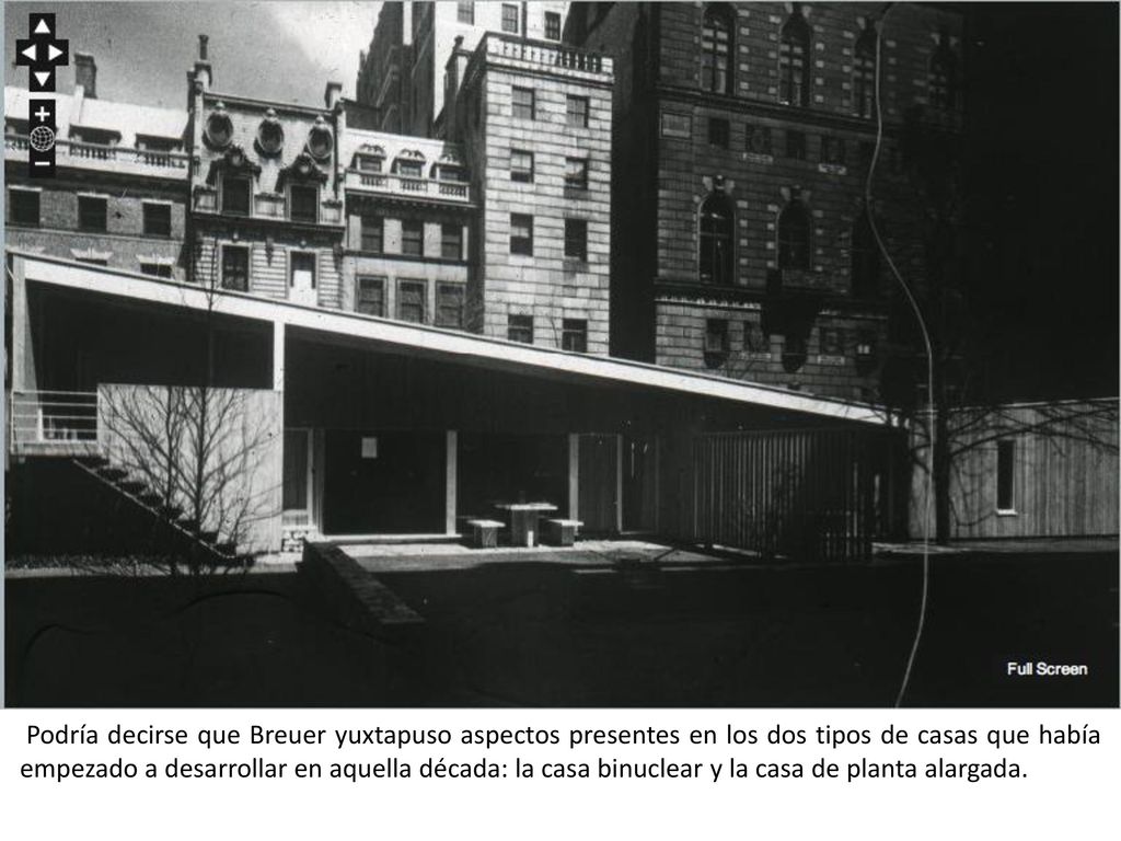 Podría decirse que Breuer yuxtapuso aspectos presentes en los dos tipos de casas que había empezado a desarrollar en aquella década: la casa binuclear y la casa de planta alargada.