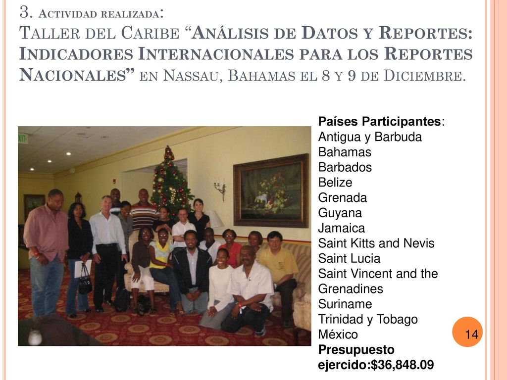 3. Actividad realizada: Taller del Caribe Análisis de Datos y Reportes: Indicadores Internacionales para los Reportes Nacionales en Nassau, Bahamas el 8 y 9 de Diciembre.
