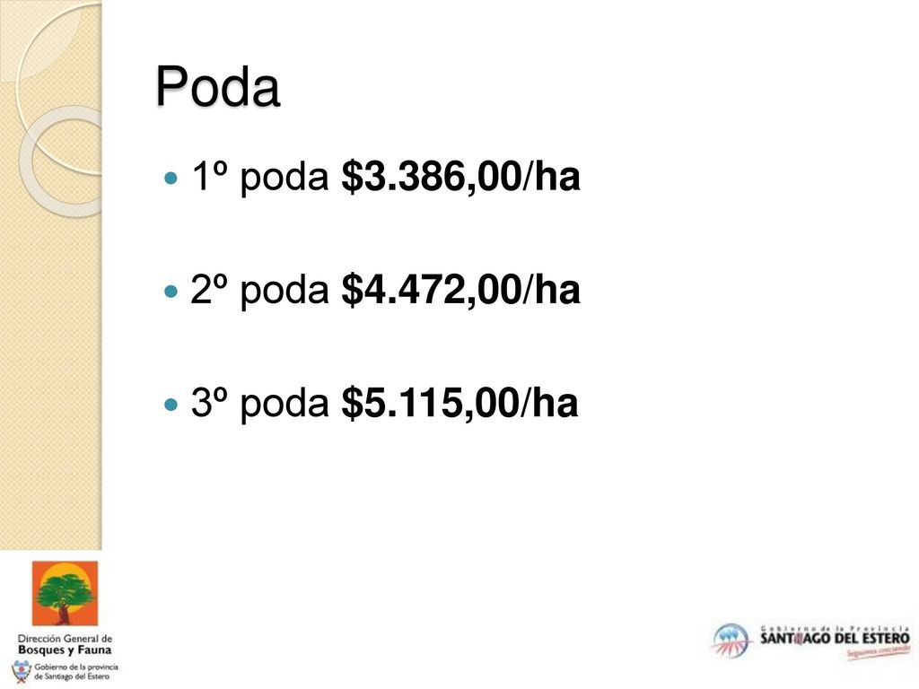 Poda 1º poda $3.386,00/ha 2º poda $4.472,00/ha 3º poda $5.115,00/ha
