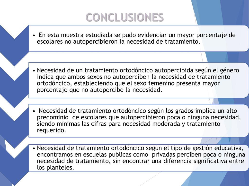 CONCLUSIONES En esta muestra estudiada se pudo evidenciar un mayor porcentaje de escolares no autopercibieron la necesidad de tratamiento.
