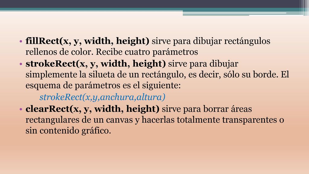 fillRect(x, y, width, height) sirve para dibujar rectángulos rellenos de color. Recibe cuatro parámetros