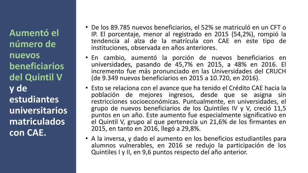 De los nuevos beneficiarios, el 52% se matriculó en un CFT o IP. El porcentaje, menor al registrado en 2015 (54,2%), rompió la tendencia al alza de la matrícula con CAE en este tipo de instituciones, observada en años anteriores.