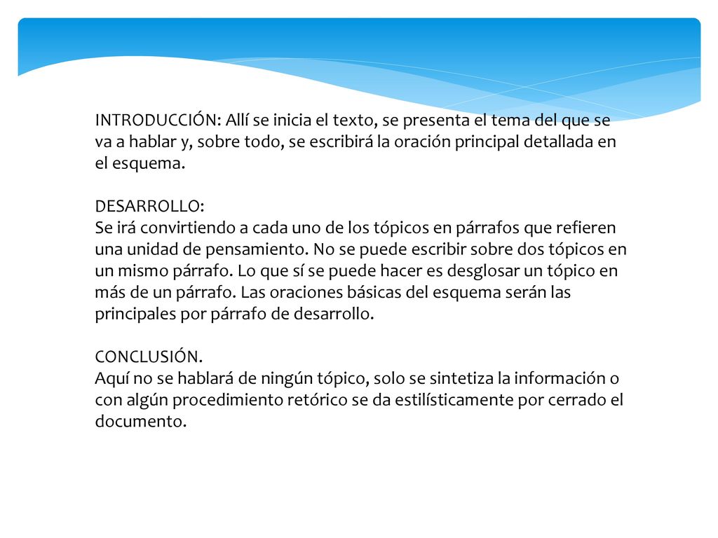 INTRODUCCIÓN: Allí se inicia el texto, se presenta el tema del que se va a hablar y, sobre todo, se escribirá la oración principal detallada en el esquema.