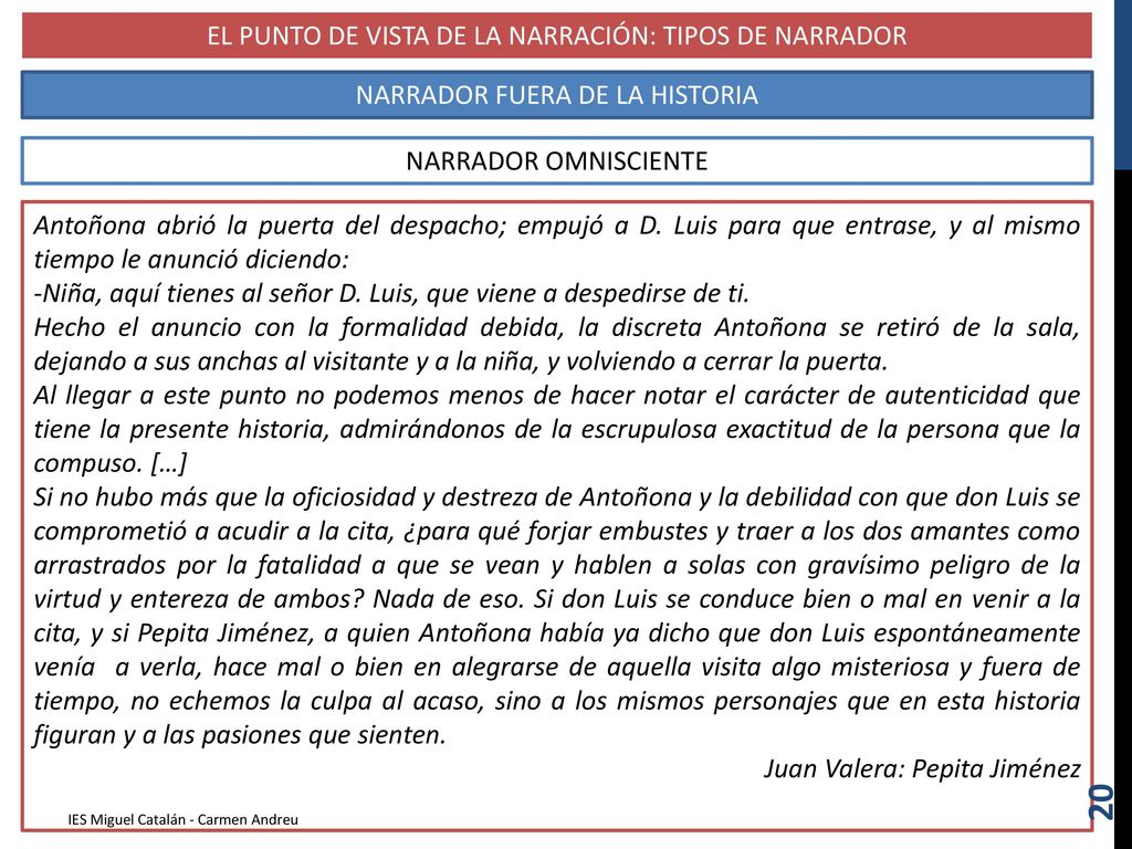 EL PUNTO DE VISTA DE LA NARRACIÓN: TIPOS DE NARRADOR