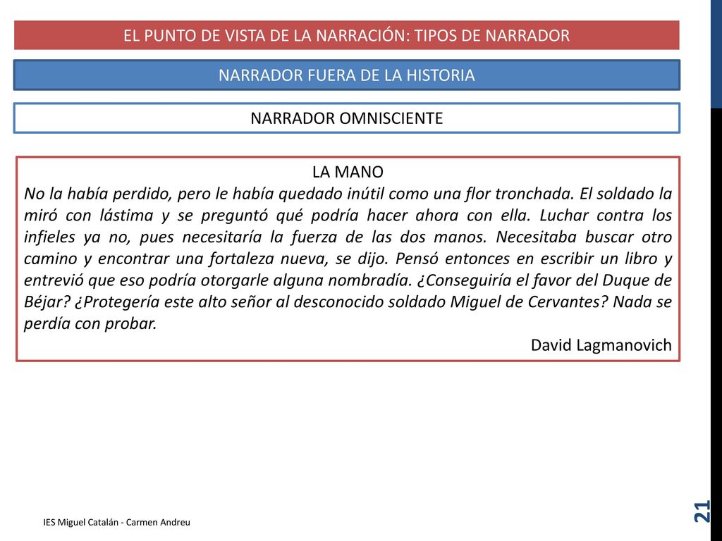 EL PUNTO DE VISTA DE LA NARRACIÓN: TIPOS DE NARRADOR