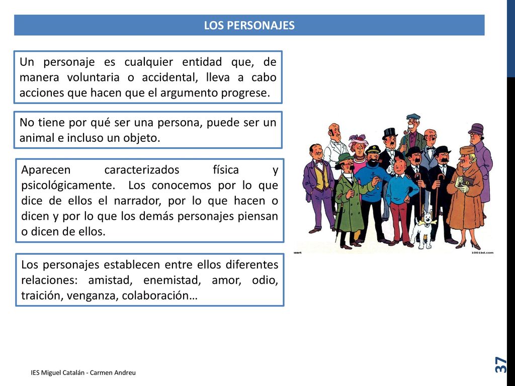 LOS PERSONAJES Un personaje es cualquier entidad que, de manera voluntaria o accidental, lleva a cabo acciones que hacen que el argumento progrese.
