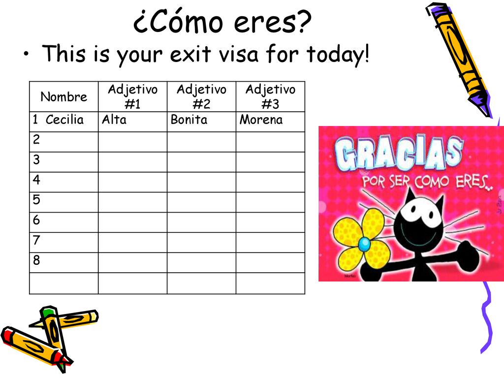 ¿Cómo eres This is your exit visa for today! Nombre Adjetivo #1