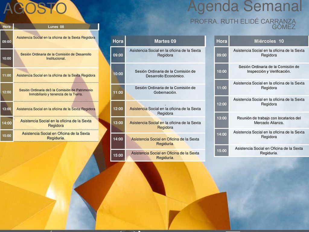 Agenda Semanal AGOSTO Cabildo Torreón PROFRA. RUTH ELIDÉ CARRANZA