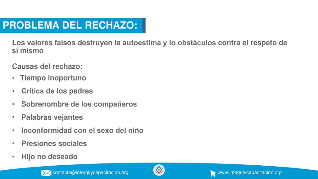 PROBLEMA DEL RECHAZO: Los valores falsos destruyen la autoestima y lo obstáculos contra el respeto de sí mismo.