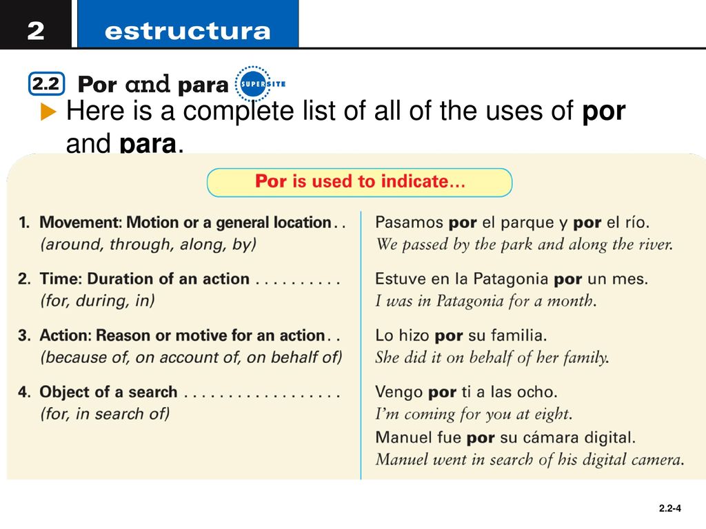 Here is a complete list of all of the uses of por and para.