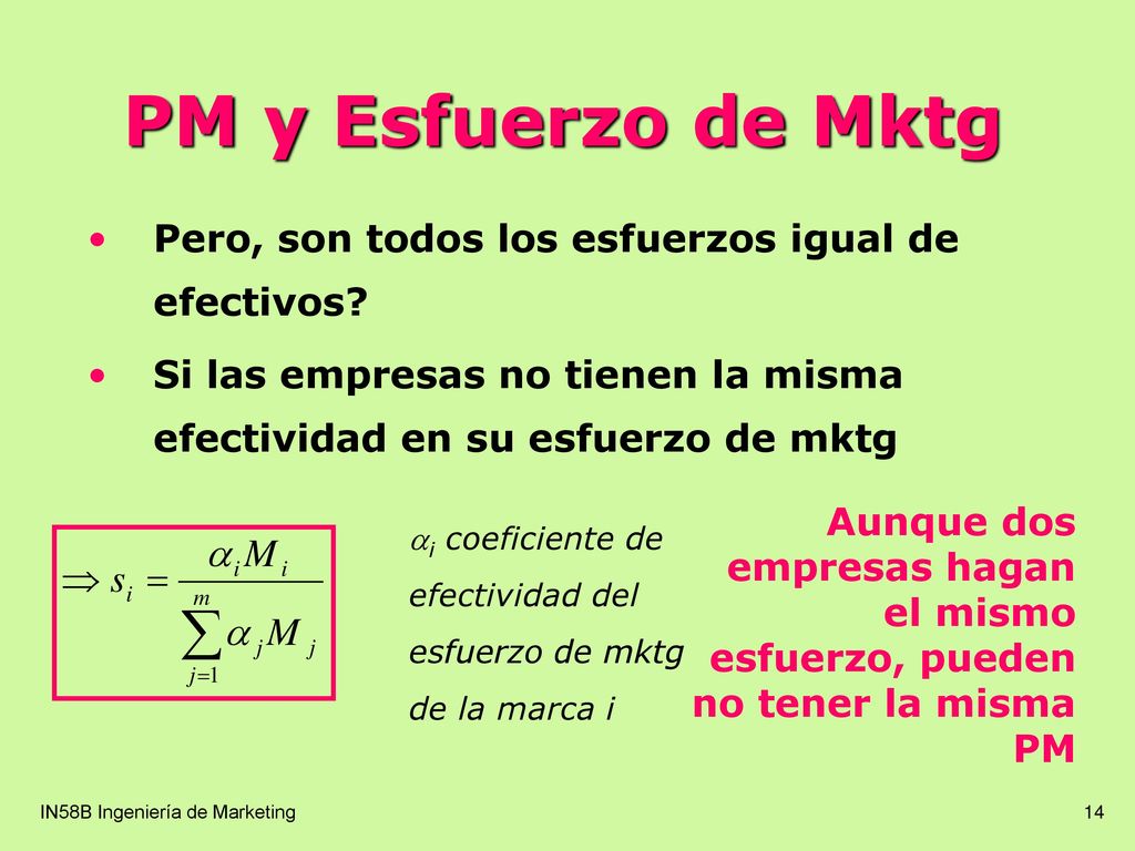 PM y Esfuerzo de Mktg Pero, son todos los esfuerzos igual de efectivos Si las empresas no tienen la misma efectividad en su esfuerzo de mktg.
