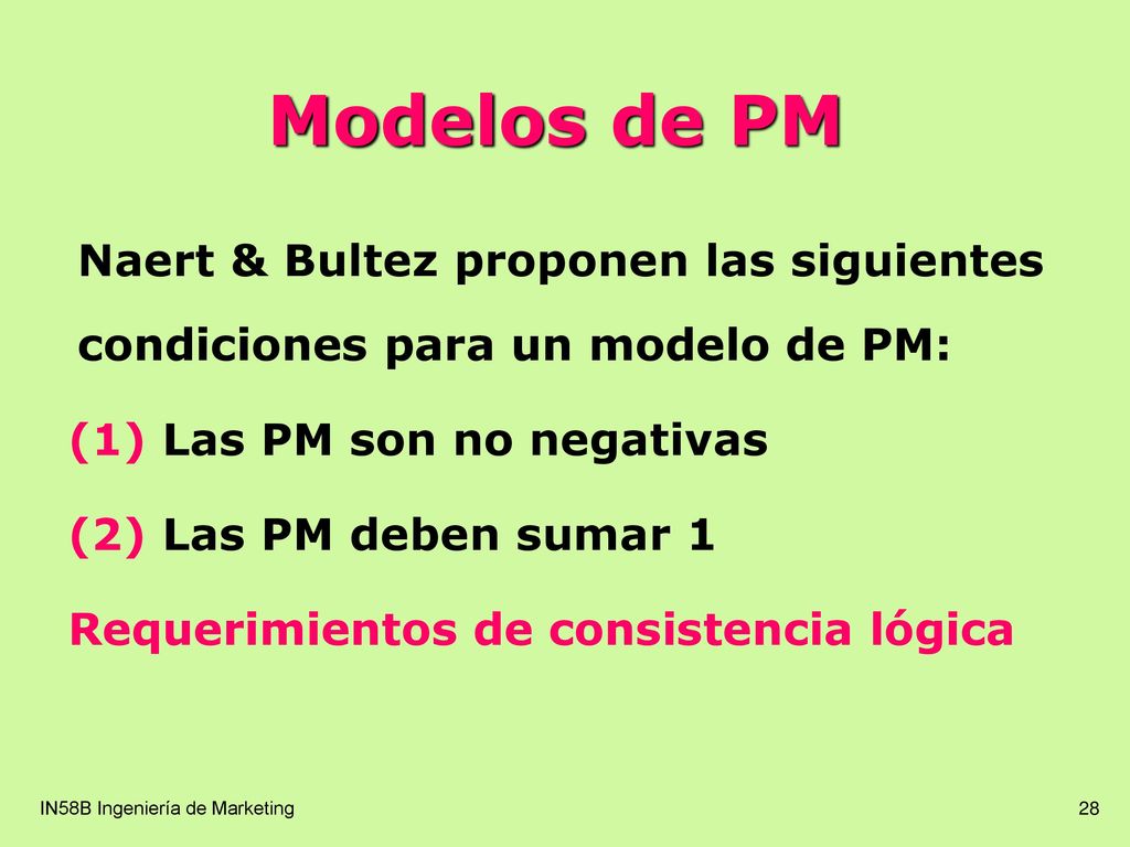 Modelos de PM Naert & Bultez proponen las siguientes condiciones para un modelo de PM: Las PM son no negativas.