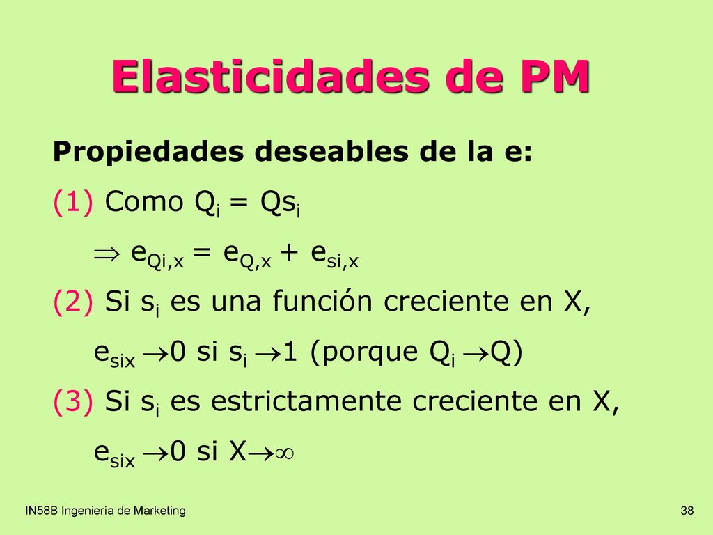 Elasticidades de PM Propiedades deseables de la e: Como Qi = Qsi