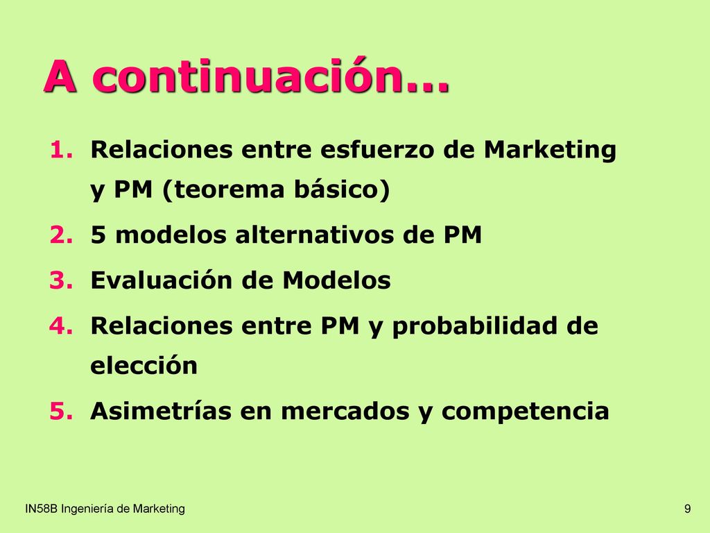 A continuación... Relaciones entre esfuerzo de Marketing y PM (teorema básico) 5 modelos alternativos de PM.