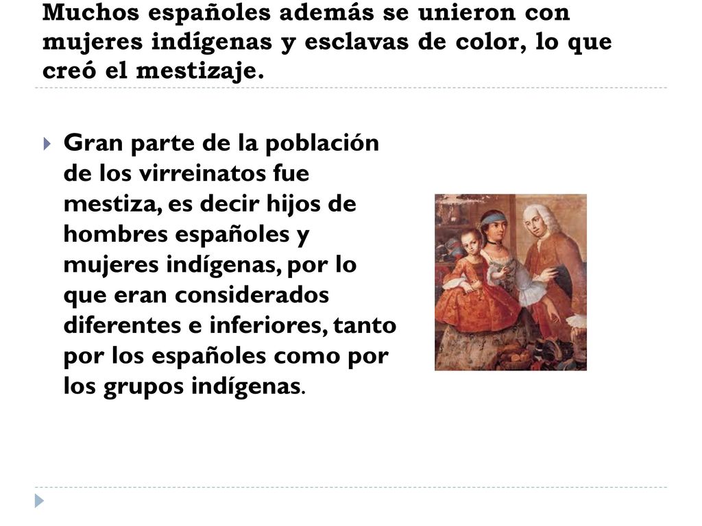 Muchos españoles además se unieron con mujeres indígenas y esclavas de color, lo que creó el mestizaje.