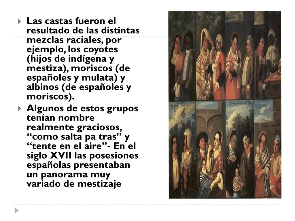 Las castas fueron el resultado de las distintas mezclas raciales, por ejemplo, los coyotes (hijos de indígena y mestiza), moriscos (de españoles y mulata) y albinos (de españoles y moriscos).
